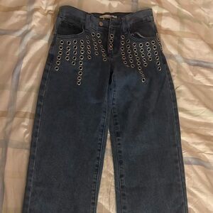 NICOLI Dark Blue Straight Leg Jeans with Eyelet Accents